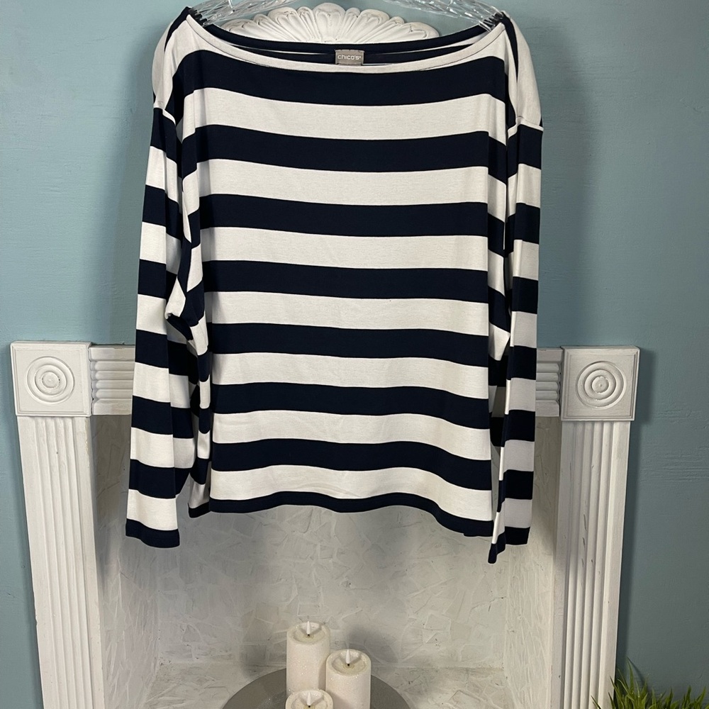 Chico's Navy & White Striped Long-Sleeve Soft Knit Boatneck Top